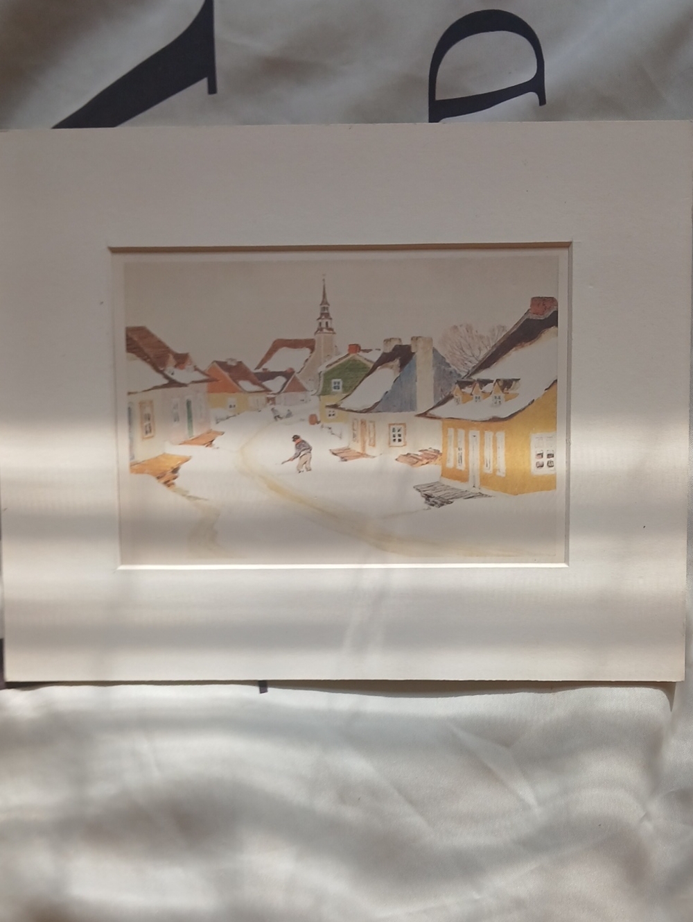 Hand-Painted Winter Village Watercolor Art Print - White Mat